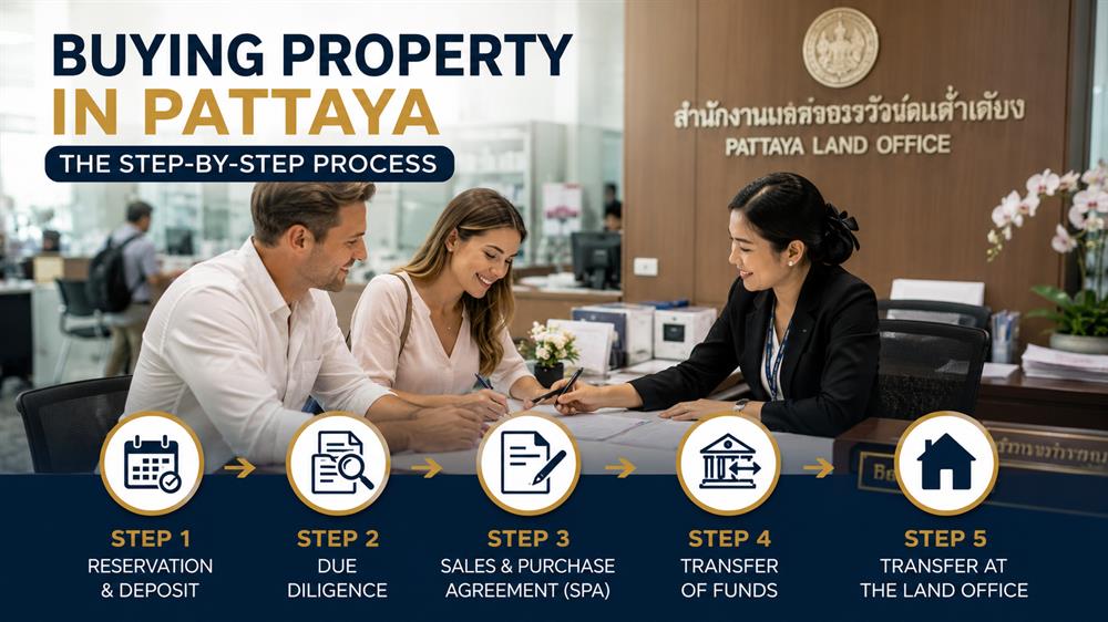 Property buyers completing legal procedures, contracts, and ownership transfers at the Pattaya Land Office in Pattaya, Thailand.
